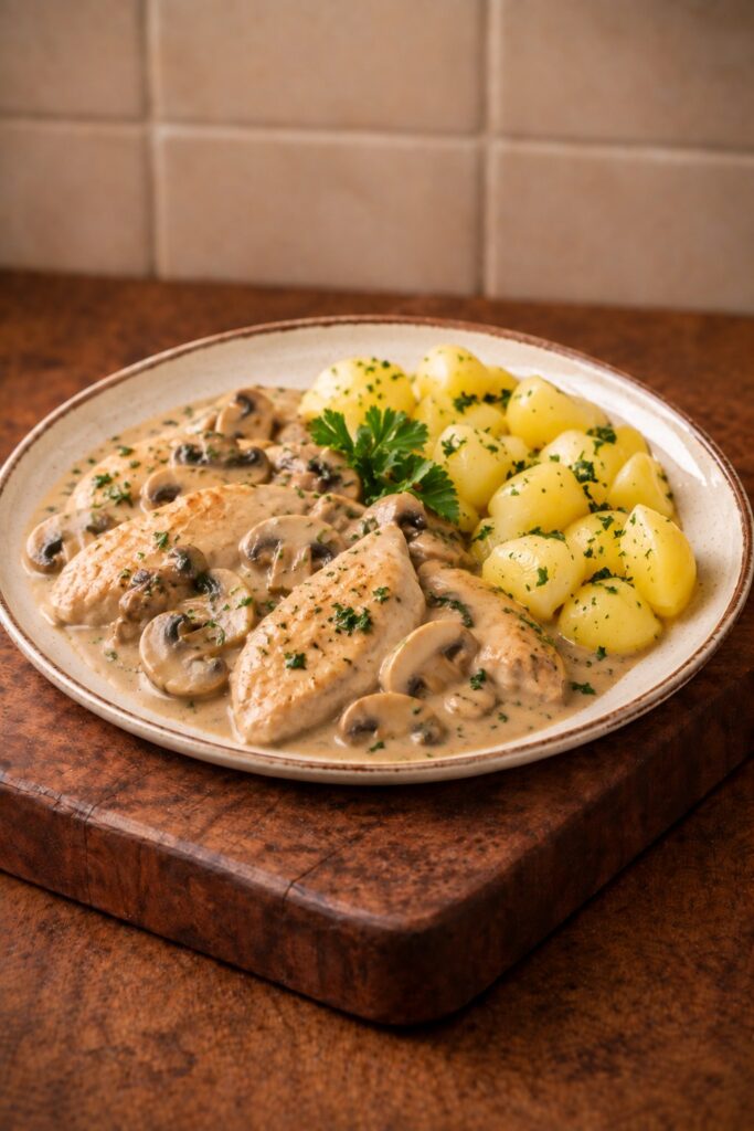 Kipfilet met champignonsaus en aardappelbereiding