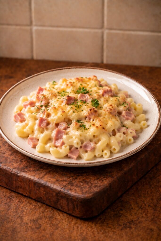 Macaroni met kaas en hesp