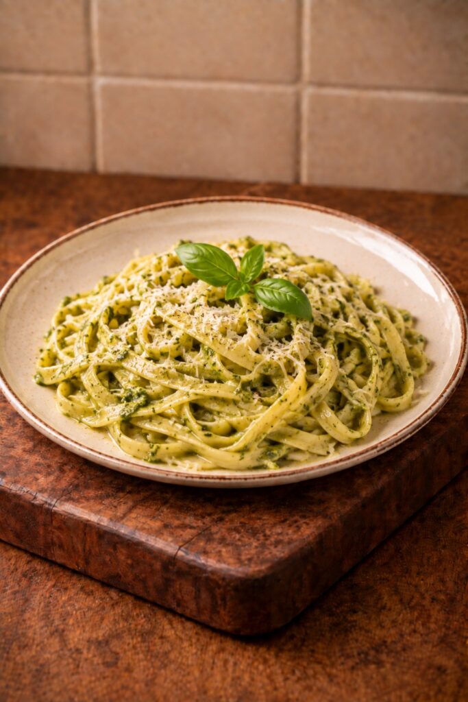 Pasta met groene groenten en pesto saus