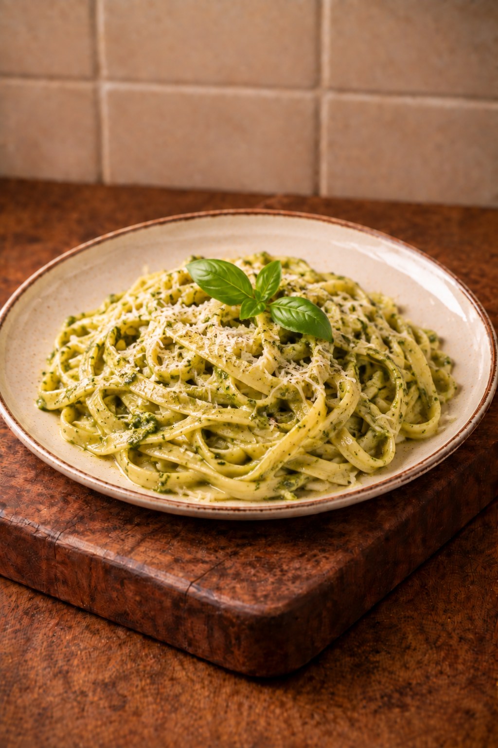 Pasta met groene groenten en pesto saus - Afbeelding 1